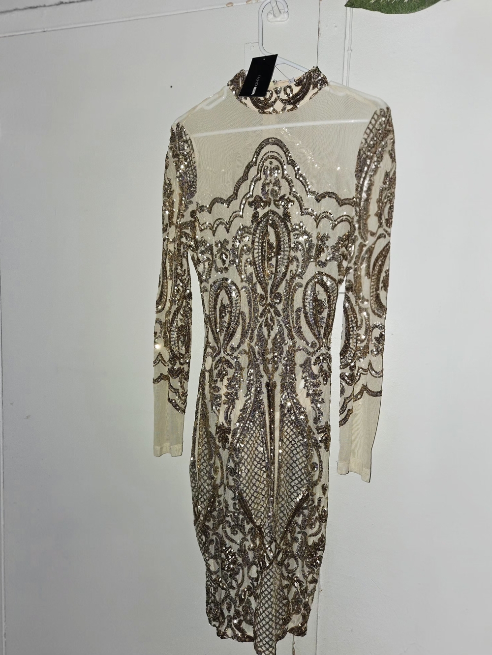 Fashion Nova Ivory and Gold Sequin Long Sleeve Dress